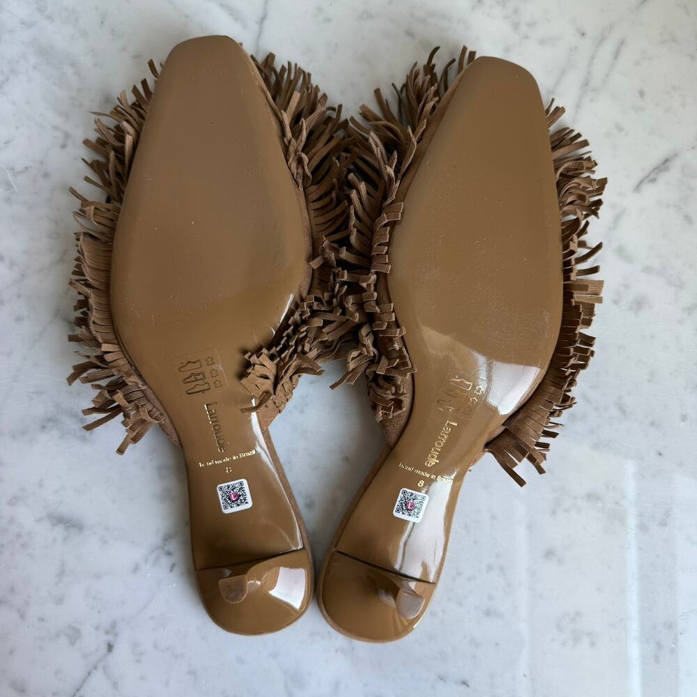 Larroudé Sienna Fringe Suede Mules Tan Kitten Heel Size 8 Handmade Brazil - Picture 5 of 12